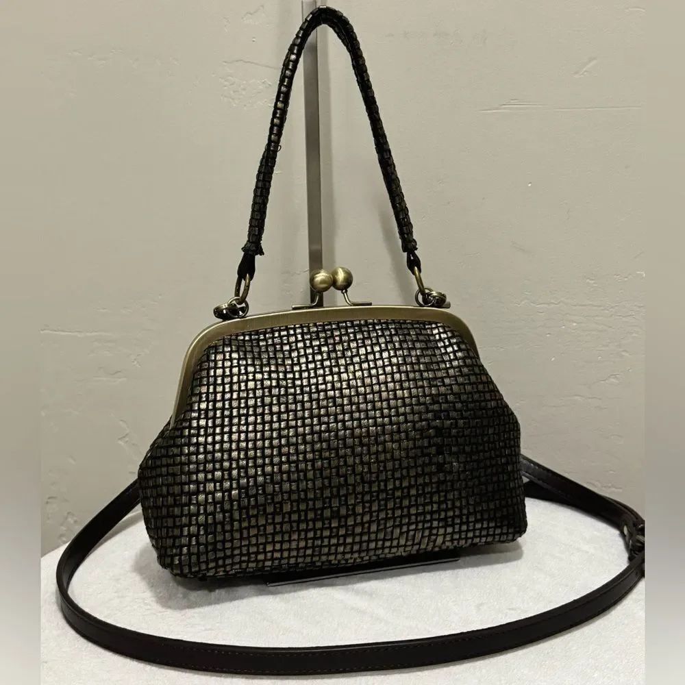 Vintage Style Distressed Woven Cowhide Handmade Kisslock Bag/Multi Use Style Bag